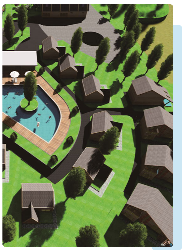 Landscape engineering site plan with pathways, greenery, and structures